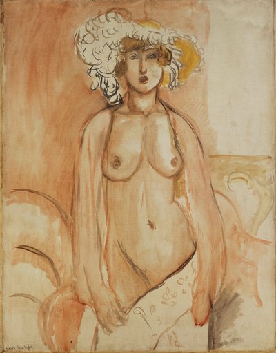 Antoinette stående med bar överkropp och fjäderhatt, ca 1918 (olja på duk) av Henri Matisse