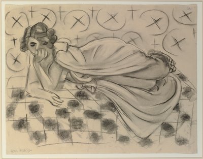Draperad figur liggande på en svartrutig soffa av Henri Matisse