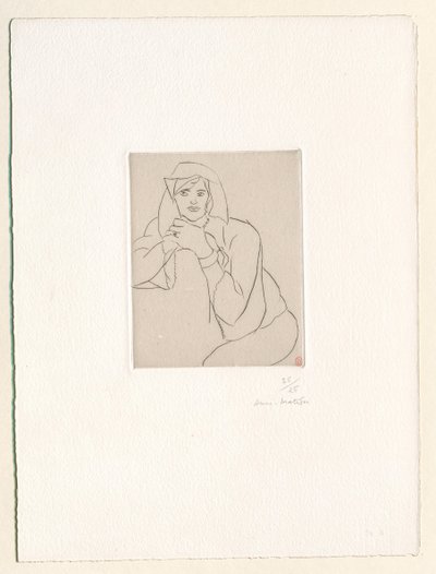 Ung kvinna med händerna knäppta på ryggstödet till en möbel av Henri Matisse