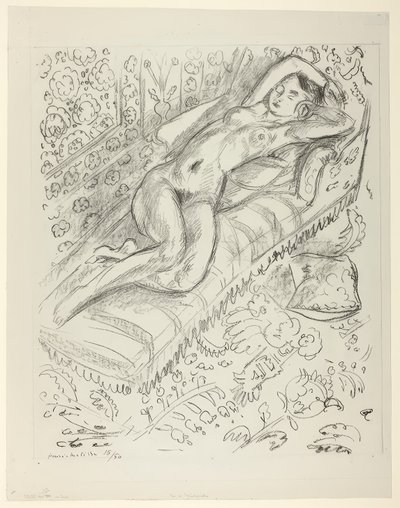 Naken person vilande på en schäslong med mashrabiya-bakgrund av Henri Matisse