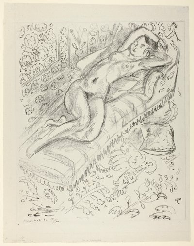 Vilande naken på en schäslong med mashrabiya-bakgrund av Henri Matisse