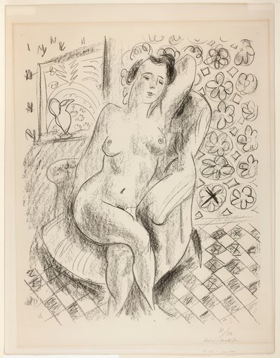 Naken i en fåtölj, med bakgrund av mashrabiya av Henri Matisse