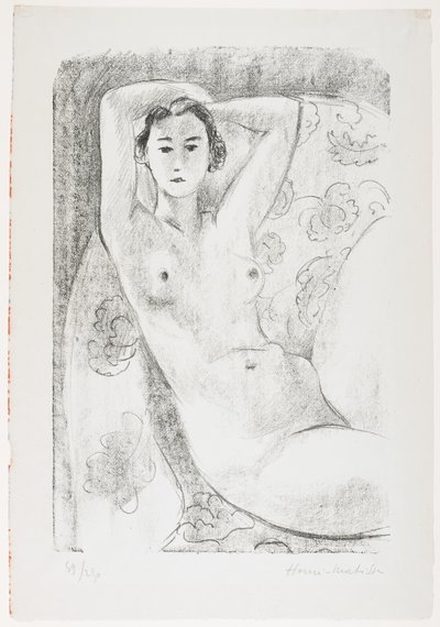 Sittande naken i fåtölj med blomdekoration av Henri Matisse