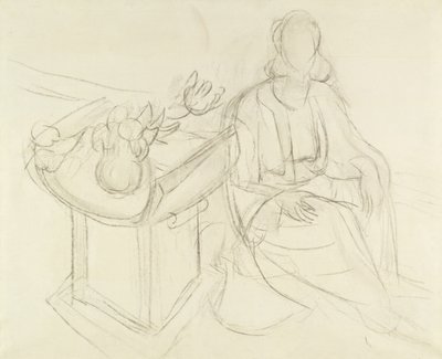Sittande kvinna - Stilleben med blommor på ett bord (kol på duk) av Henri Matisse