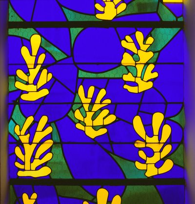 Livets träd" Glasmålning bakom altaret i Rosenkransens kapell i Vence av Henri Matisse