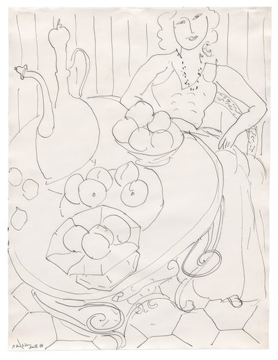 Kvinna sittande vid ett bord med frukt och kanna av Henri Matisse