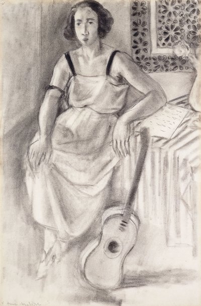 Kvinna som sitter med en gitarr, ca 1921-23 (kol på papper) av Henri Matisse