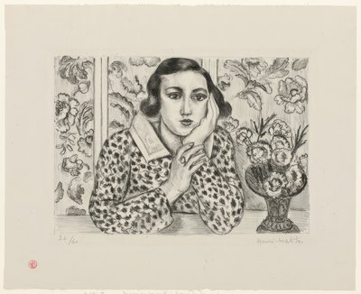 Ung flicka lutar sig mot blommig skärm av Henri Matisse
