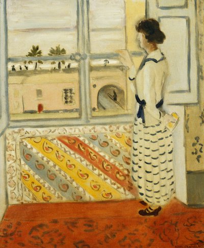 Ung kvinna vid ett fönster, blårandig klänning av Henri Matisse