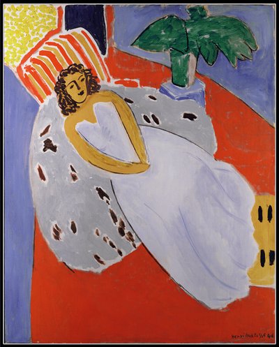 Ung kvinna i vitt, röd bakgrund av Henri Matisse