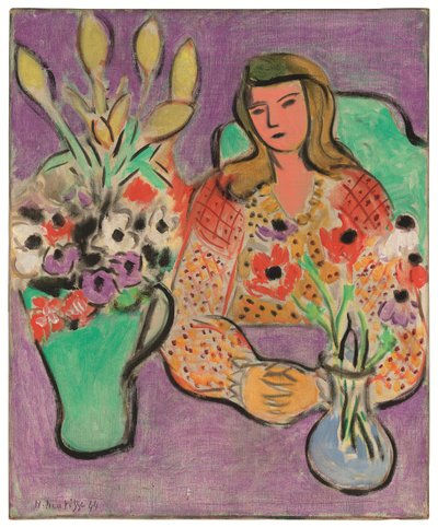 Ung kvinna med anemoner på lila bakgrund av Henri Matisse