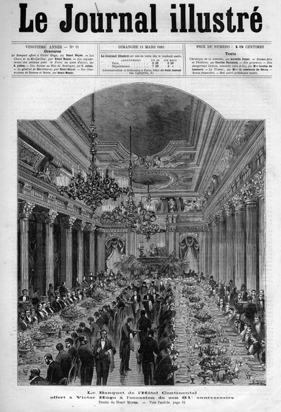 Bankett erbjöd Victor Hugo på Hotel Continental för hans 81:a födelsedag 1883 - Försättsblad till "" The Illustrous Journal"" från 1883 - Teckning av Henri Meyer (1844-1899) av Henri Meyer