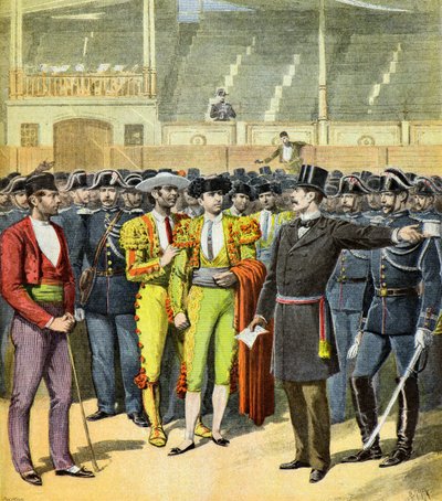 Tjurfäktning förbjuden i södra Frankrike,1895 (Illustration) av Henri Meyer