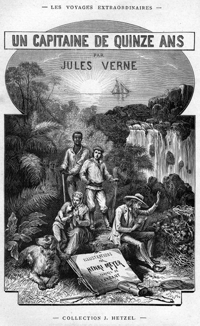 Frontispice från Jules Vernes bok "En kapten på femton år", Hetzel-utgåvan/ Extraordinary Voyages 1878 av Henri Meyer