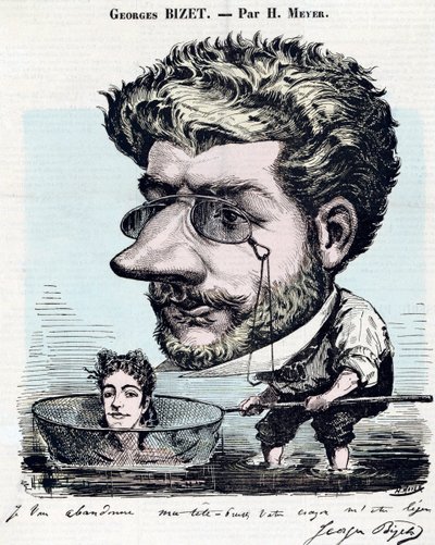 Georges Bizet (1838-1875), fransk kompositör - karikatyr, med autograf av Bizet, av Henri Meyer dit Reyem (1844-1899) för "" Diogene"" av Henri Meyer