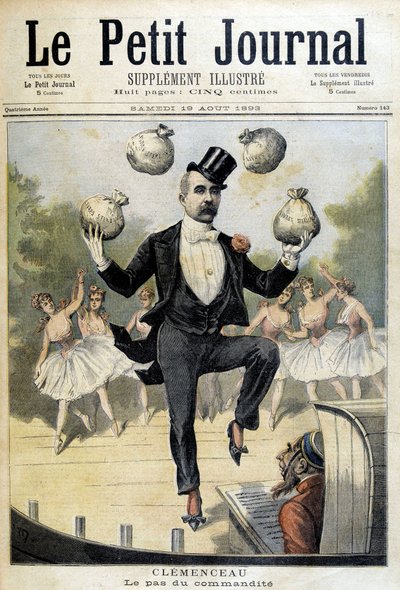 Georges Clemenceau jonglerar med Pounds Sterling - i "" Le Petite Journal"" av 1893-08-19 av Henri Meyer
