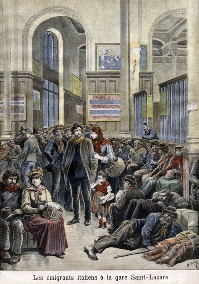 Italienska emigranter vid stationen St Lazarus (Saint Lazarus) (Saint Lazarus) - i "The Petity Journal", mars 1896 av Henri Meyer