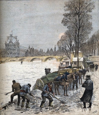Paris under snön 1895 Liten tidning från 1895 (gravyr) av Henri Meyer