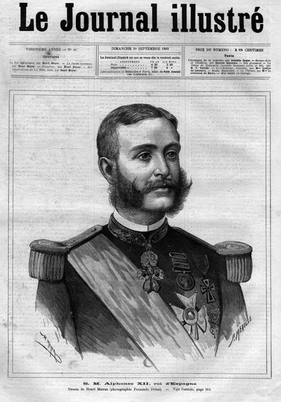 Porträtt av Alfonso XII av Spanien (Alfons XII) (1857-1885), kung av Spanien - Försättsblad till "The Illustrous Diary" från 1883 - Teckning av Henri Meyer (1844-1899) av Henri Meyer