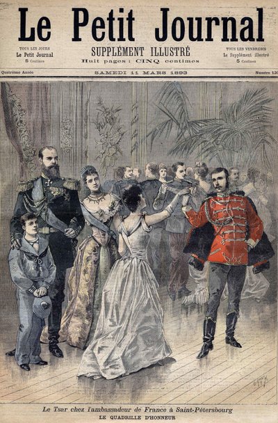 Tsar Alexander III vid Frankrikes ambassadör Greven av Montebello i S:t Petersburg 1893. Heders rutnät. Omslag till Le Petit Journal 1893 (gravyr) av Henri Meyer
