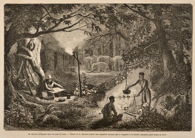 Henri Mouhot Camping i Laos djungler, illustration från 