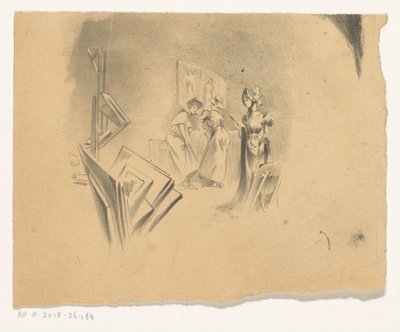 Tre kvinnor tittar på tryck i en studio av Henri Patrice Dillon (possibly)