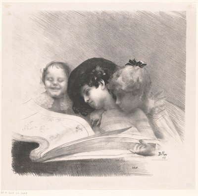 Tre tjejer tittar på ett fotoalbum av Henri Patrice Dillon
