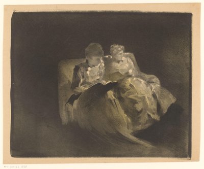 Två läsande kvinnor på en soffa av Henri Patrice Dillon