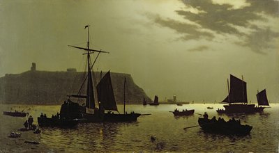 Scarborough Castle Hill and Harbor by Moonlight, 1876 av Henri Philippe Neumans