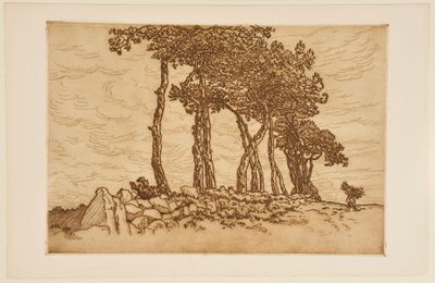 Alte Frau mit einem Bündel nahe einer Baumreihe av Henri Rivière