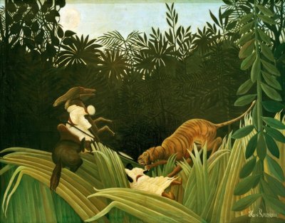 Scouter attackerade av en tiger av Henri Rousseau