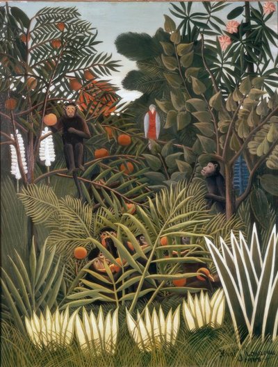 Exotiskt landskap med apor och en papegoja av Henri Rousseau
