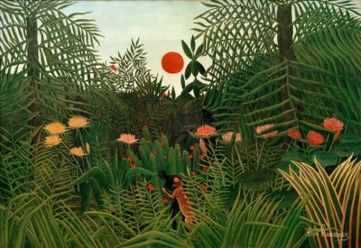 Urskog vid solnedgången. Svart attackerad av en leopa av Henri Rousseau