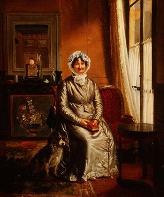 En dam med en hund i en interiör av Henri Serrur