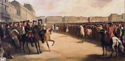 Tsar Peter I den store av Ryssland (1672-1725) åtföljd av regenten Filip II hertig av Orleans (1674-1723) under hans besök i Frankrike granskar de beridna trupperna vid Tuilerierna (Paris) den 16/06/1717 av Henri Serrur