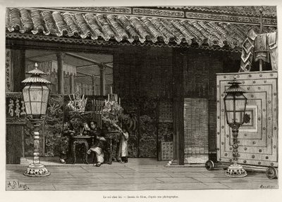 Kung Dong Khanh (1864-1889) Kejsare av Annam, hem i den kejserliga staden Hue (Vietnam). Gravyr av Thiriat, för att illustrera berättelsen "" Trente mois au Tonkin"" av Dr Charles Edouard Hocquard (1853-1911), 1885, i Le tour du monde, nouveau journal de av Henri Thiriat