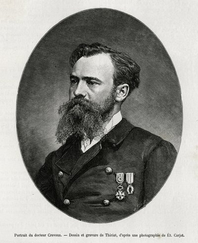 Porträtt av Dr Jules Nicolas Crevaux (1847-1882), läkare och upptäcktsresande i Sydamerika (från Franska Guyana till Argentina), han var mycket intresserad av studiet av moral och historien om de befolkningar han mötte under sina resor, han redierade många av Henri Thiriat