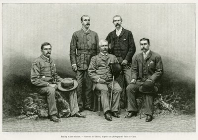 Porträtt av Henry Morton Stanley (John Rowlands 1841-1904) omger hans officerare från vänster: Dr. Thomas Heazle Parke (1857-93), Robert H. Nelson, William G. Stairs och Arthur J. M. Jephson. Gravyr av Thiriat, för att illustrera berättelsen Dans les teneb av Henri Thiriat