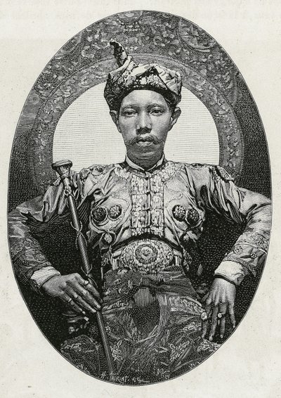Porträtt av Mohammed Yamalul Alam, sultan av Soulou (eller Sulu) (Filippinerna), 1880. Gravyr av Thiriat, för att illustrera berättelsen "" Resan till Filippinerna"" av Henri Thiriat