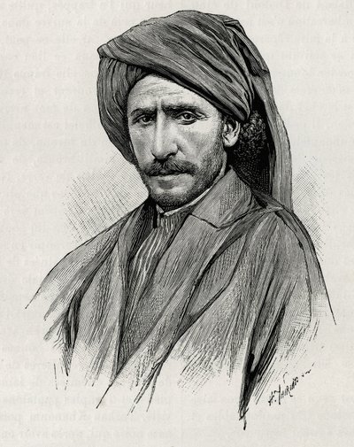 Porträtt av Sheik Moses, den mäktigaste stamledaren i Arabistan (eller den arabiska halvön). Gravyr av Thiriat, för att illustrera historien "" Persien, Kaldeen och Susiane"" av Henri Thiriat