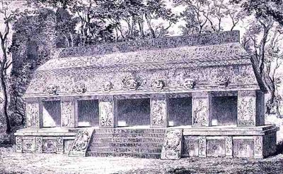 Restaurering av den inre flygeln av palatset i Palenque, från The Ancient Cities of the New World, av Claude-Joseph-Desire Charnay, pub. 1887 av Henri after Toussaint