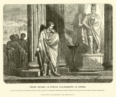 Julius Caesar framför en staty av Alexander den store i Spanien, och beklagade omfattningen av hans prestationer jämfört med att Alexander hade nått samma ålder som hans död, c67 f.Kr. (gravyr) av Henri de (after) Montaut