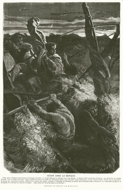 Julius Caesar, förklädd till slav, avslöjar sin identitet för besättningen på en båt som hamnat i en storm när han korsade Adriatiska havet, 48 f.Kr. (gravyr) av Henri de (after) Montaut