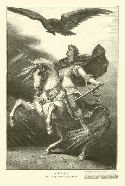 Julius Caesar till häst med en kejserlig örn ovanför sig (gravyr) av Henri de (after) Montaut