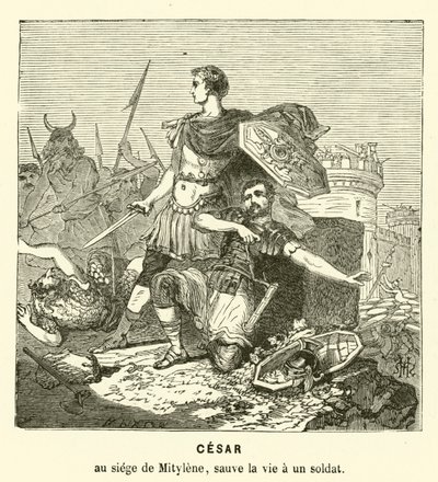 Julius Caesar räddade livet på en soldat vid belägringen av Mytilene, Lesbos, Grekland, 81 f.Kr. (gravyr) av Henri de (after) Montaut