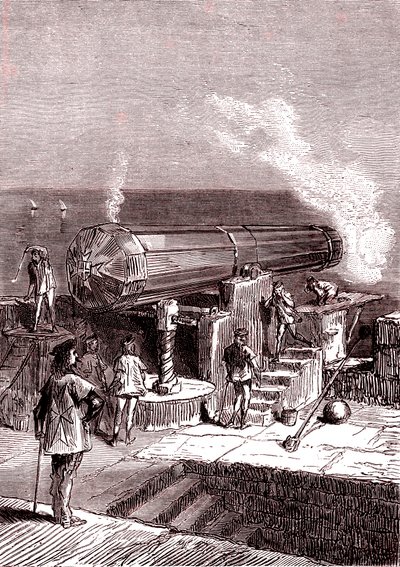 Den gigantiska kanonen på ön Malta, konstverk, "Från jorden till månen" av Jules Verne av Henri de Montaut