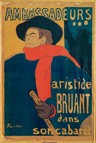 Aristide Bruant, sångare och kompositör, på en affisch som annonserar hans framträdande på den eleganta nattklubben "Les Ambassadeurs" på Champs Elysees (litografi) av Henri de Toulouse-Lautrec