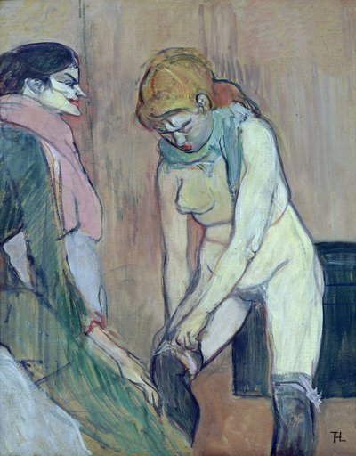 Kvinna som tar på sig sin strumpa, eller kvinnan i huset, ca 1894 (olja på kort) av Henri de Toulouse Lautrec