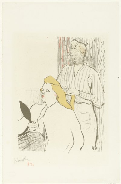 Frisören kammar håret av sittande kvinna med spegeln i handen Le frisörprogram du Théâtre Libre av Henri de Toulouse Lautrec (signed by artist)