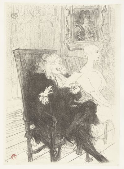 Skådespelare Jules Charles Truffier som Marguerite Moreno i toneelstuk Learned Women Truffier och Moreno i Learned Women av Henri de Toulouse Lautrec